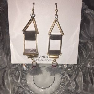 Gold Tone Gray Stone & Tassel Earrings New